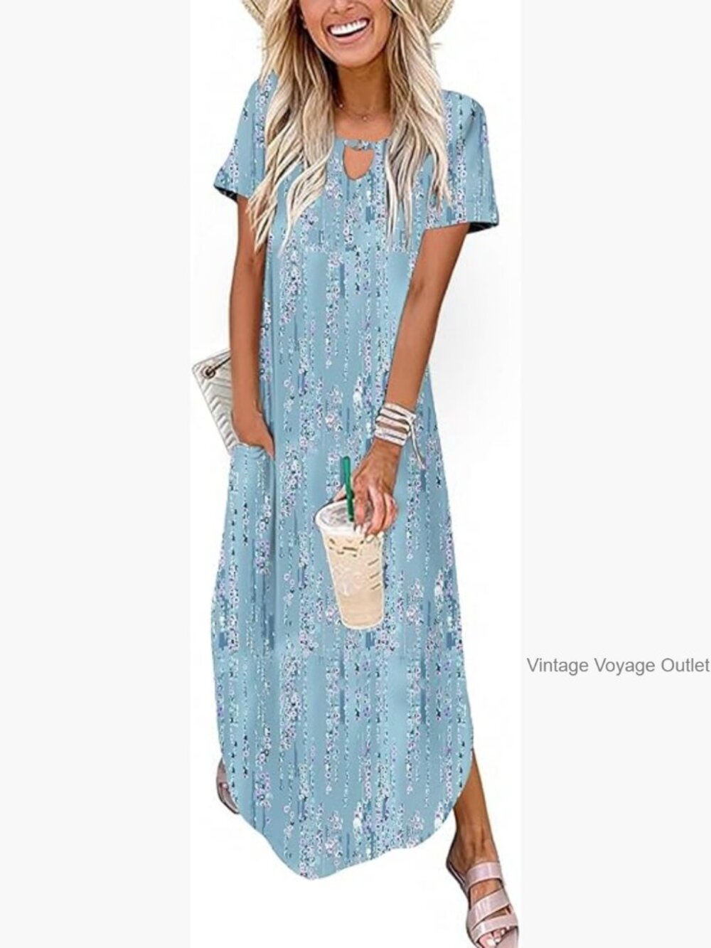 Women's Casual Maxi Dress with Pockets Short Sleeve Curve Hem Summer Sundress